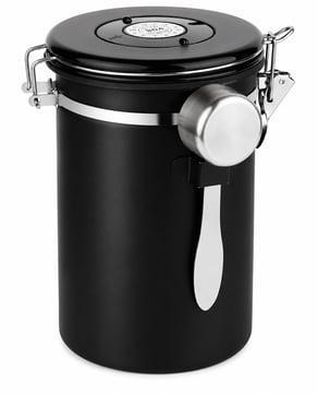 This sleek black canister is what we use in our vacation rentals to help keep coffee beans fresh and flavorful between stays. Designed with an airtight seal, CO₂ valve, and built-in date tracker, it’s equally useful for storing ground coffee, sugar, or tea while adding a clean, countertop-ready look.